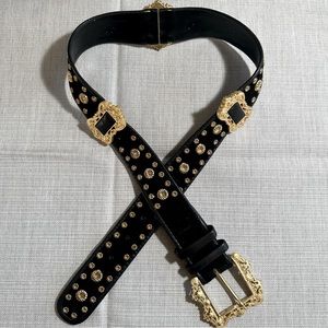 Vintage Baroque Couture Gold w Black Leather & Velvet Belt 1.5 “wide S/M (28-32)